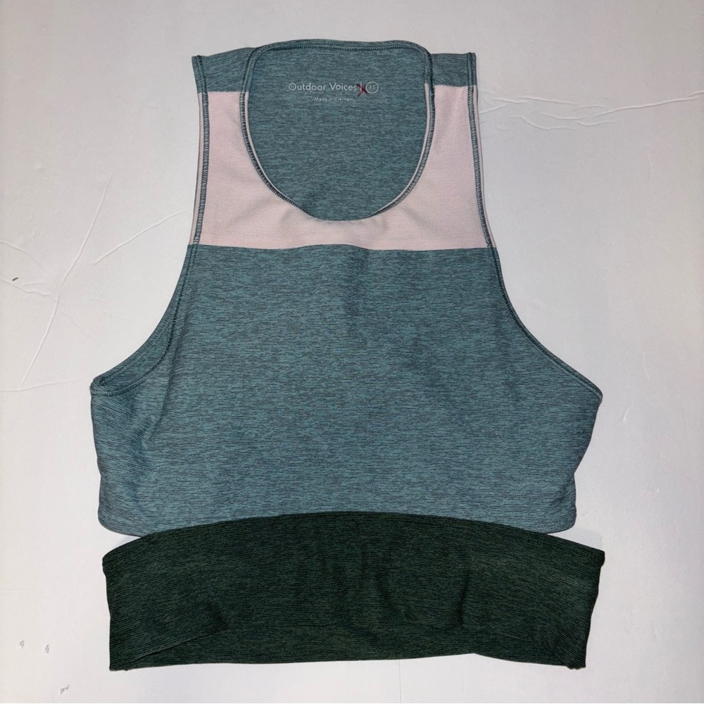 Outdoor Voices Green Tri-Tone Slashback Crop Top Sports Bra Size XS